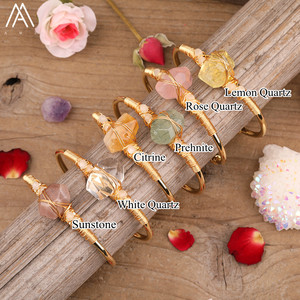 Pulsera de cuentas de Nugget de piedra de cristal Natural, brazalete abierto de cobre dorado envuelto con alambre - Product Image 2