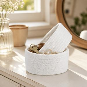 Set <span class=keywords><strong>di</strong></span> 2 Cesti Portaoggetti Rotondi in Corda <span class=keywords><strong>di</strong></span> Cotone Intrecciata a Mano per Organizzazione Bagno - Product Image 3