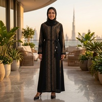 Robe musulmane pour femmes en gros, style Dubaï, Abaya Kaftan brodée de strass dorés, tenue modeste avec hijab assorti pour l'Aïd