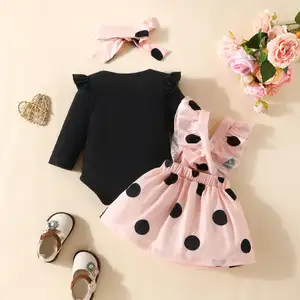 2024 Autumn Newborn Baby Girl Clothes Sets Long Sleeve Letter Romper Polka Dot Suspender Skirt Headband 3Pcs Infants Wear