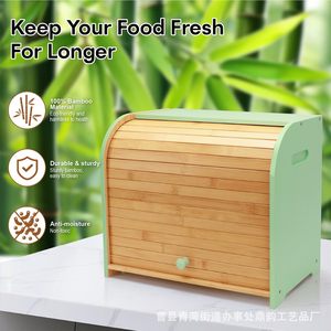 Boîte de rangement pour pain en bois, double couche, couvercle coulissant, organisateur de cuisine, couleur bois naturel vert clair - Product Image 3