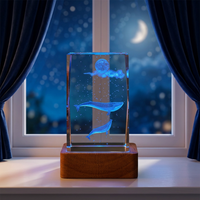 Lampe de nuit LED USB en cristal marin gravé en 3D, pilier carré, cadeau personnalisé en bois