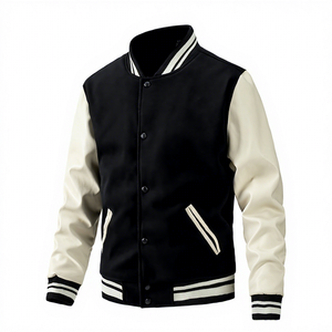 Veste universitaire noire et crème pour homme avec manches en PU, col rabattu, boutons sur le devant, style décontracté, automne 2027 - Product Image 1