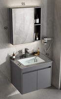 Meuble-lavabo mural gris personnalisé en gros, durable, à 3 tiroirs, avec vasque en céramique intégrée et armoire miroir LED