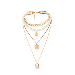 สร้อยคอแฟชั่นแบบหลายชั้น โลหะผสมสังกะสีสีทอง จี้เหรียญรูปทรงเรขาคณิต เครื่องประดับสำหรับผู้หญิง - Product Image 5