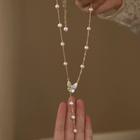 Collier Papillon Étoilé avec Pendentif Demi-Zircon Demi-Coquillage Naturel, Perle d'Eau Douce Naturelle 5-6mm, Chaîne Réglable, Bijou Tendance