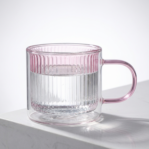 <span class=keywords><strong>Taza</strong></span> de Café de Vidrio Borosilicato de Doble Pared de 240 ml con Asa - Resistente al Calor, Diseño de Rayas Verticales de Colores para el Hogar y la Oficina - Product Image 1