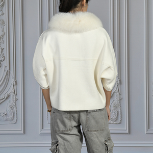 Vente Flash Mode : Manteau en <span class=keywords><strong>Tricot</strong></span> Uni à Manches Courtes pour <span class=keywords><strong>Femme</strong></span> avec Col Amovible en Fourrure de Renard - Product Image 6