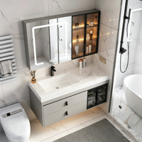 Ensemble de meuble-lavabo de salle de bain en dalle de pierre intégrée sans joint, style luxe léger, avec lavabo mural