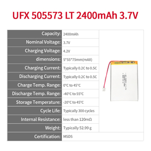Batterie lithium-ion polymère basse température 3,7 V UFX 505573 rechargeable 2500 mAh - Product Image 2