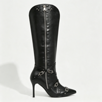 Bottes hautes marron pour femme personnalisables, à bout pointu, avec fermeture éclair intégrale, bride à boucle, talon aiguille et cloutées