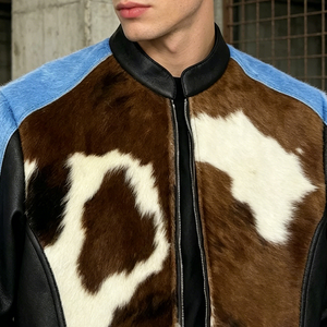 Blouson en <span class=keywords><strong>cuir</strong></span> imprimé vachette vintage personnalisé de qualité supérieure, style motard, avec blocs de couleur, patchwork et fausse fourrure, type bomber streetwear - Product Image 3