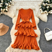 Robe longue de haute couture à volants, plissée, à manches longues, robe à étages, imprimé numérique uni, tissée, décontractée, été, printemps