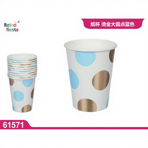 Bicchieri di Carta Monoparete Blu Oro a Pois, Confezione da 10, 3oz, con Manico, Impermeabili, Biodegradabili, Personalizzabili con Logo, per Feste ed Eventi, Vendita all'Ingrosso - Product Image 1
