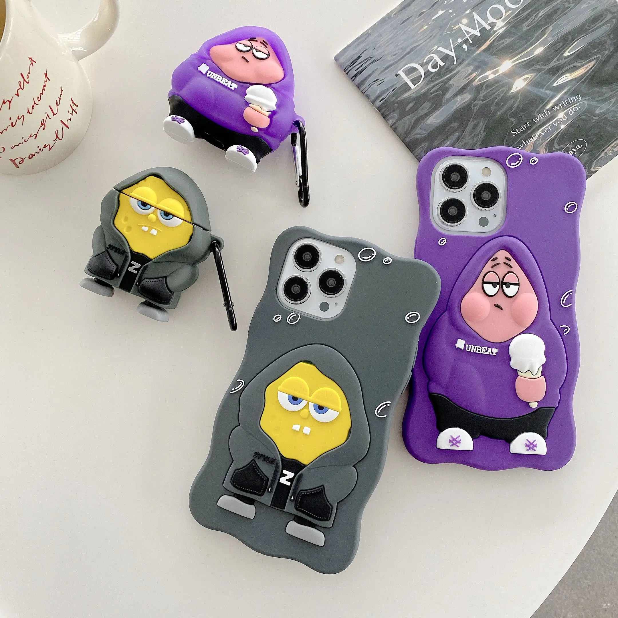 2 IN 1 Cover For iPhone 14 13 12 11 Pro Max 3D Funny Cool Cartoon Patrick Silicone Phone Case With Cover For Airpods 1 2 Pro 3