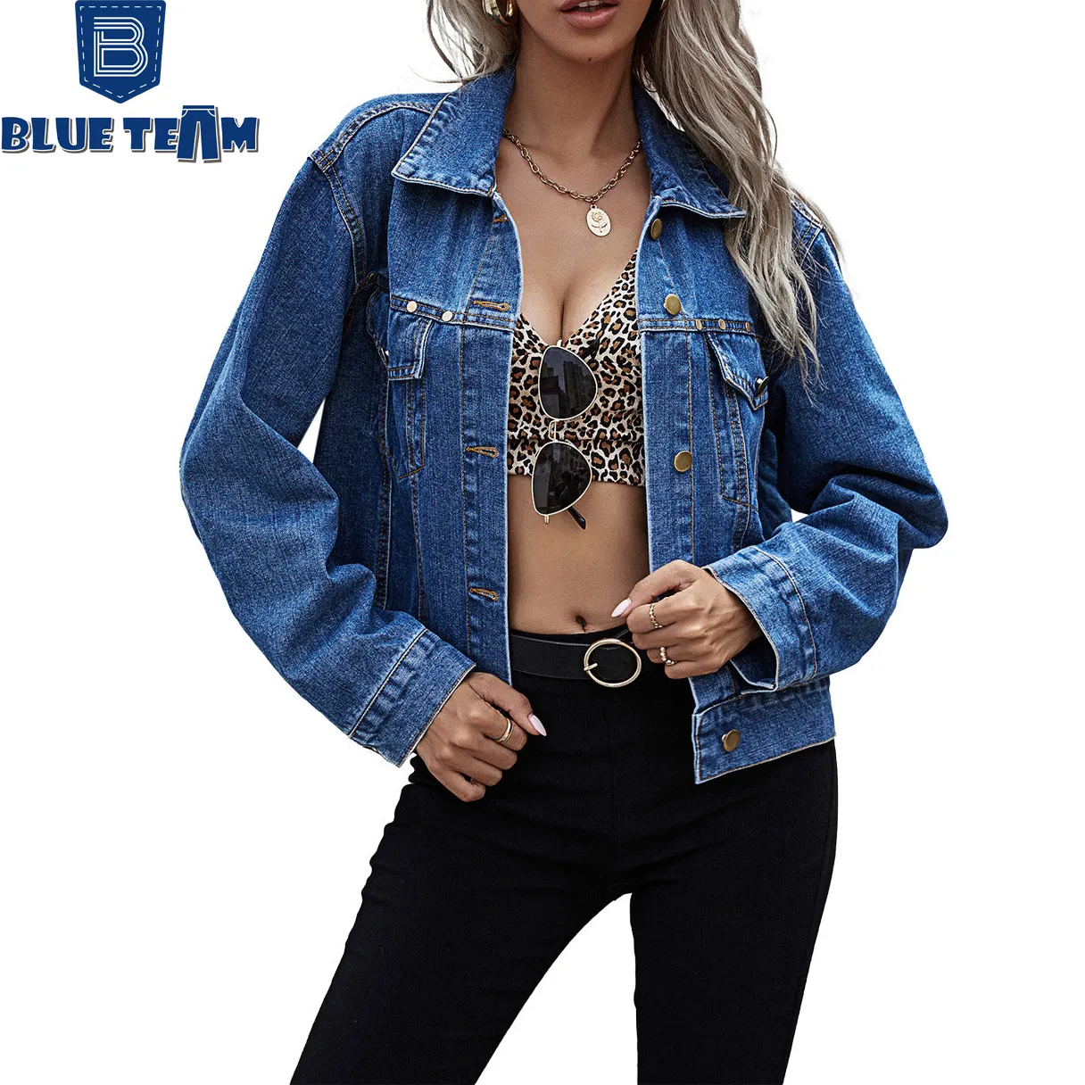 Giacca di jeans corta personalizzata Blue team per donna giacca di jeans blu retrò casual primavera e autunno donna