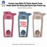 Bouteille shaker en plastique PC 650 ml avec logo personnalisé, cadre carré, fenêtre transparente, boule mélangeuse, pour sport, gym, protéines, cadeau