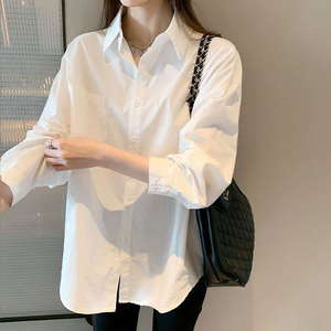 Polo collar long-sleeved white shirt female autumn 2023 new Korean version of loose everything casual temperament cardigan top