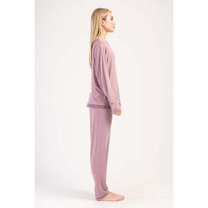 Ensemble de pyjama en lyocell à manches longues pour femmes, col en V, col bateau, dentelle, vêtements de nuit confortables avec un design ovale élégant au dos - Product Image 3