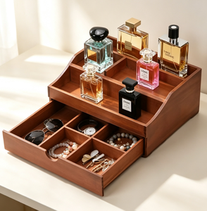 Plateau de vanité en bois de noyer avec logo personnalisé, organisateur de bureau à tiroirs divisés OEM pour le rangement de parfums, montres et lunettes de soleil, approvisionnement en gros - Product Image 3