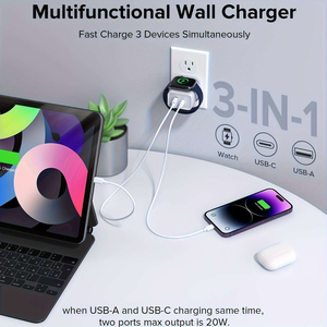 Chargeur mural <span class=keywords><strong>3</strong></span> en 1 PD 20W QC 18W double port avec charge magnétique sans fil pour montre, puce IC intelligente pour accessoires de produits intelligents - Product Image 5