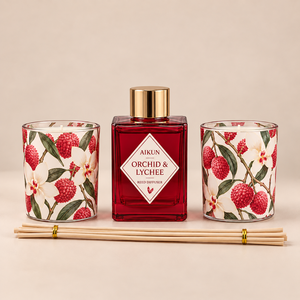 Aikun Low MOQ Quick Turn E Seller 100ml Square Glass Reed Diffuser Candle Set Red Box Foil Logo Any Scent Long Lasting for <b>Gifts</b> - Product Image 2