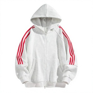 Wholesale Men Oversized Zip-Up Hoodie French Terry Hooded Sweatshirt with Striped Sleeves Casual Autumn Sportswear - Product Image 6
