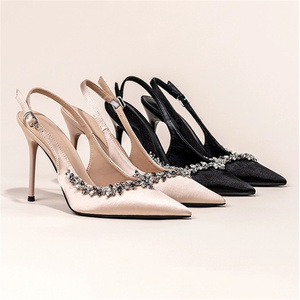 Champagne di lusso morbido fondo a punta tacchi alti francesi tacchi sottili squisiti sandali con fondo morbido diamanti scarpe da donna - Product Image 1
