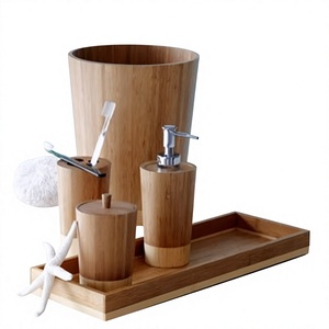 Ensemble d'accessoires de salle de bain en bambou, 4 pièces, plateau rond écologique, gobelet, distributeur de savon, porte-brosse à dents - Product Image 1