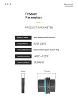Connecteur Ethernet RJ45 blindé à montage sur panneau, étanche IP68, avec contacts en cuivre, boîtier en nylon, adaptateur mâle/femelle