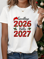 T-shirt d'été pour femme, col rond, ample et surdimensionné, en coton peigné respirant et écologique, imprimé personnages Joyeux Noël