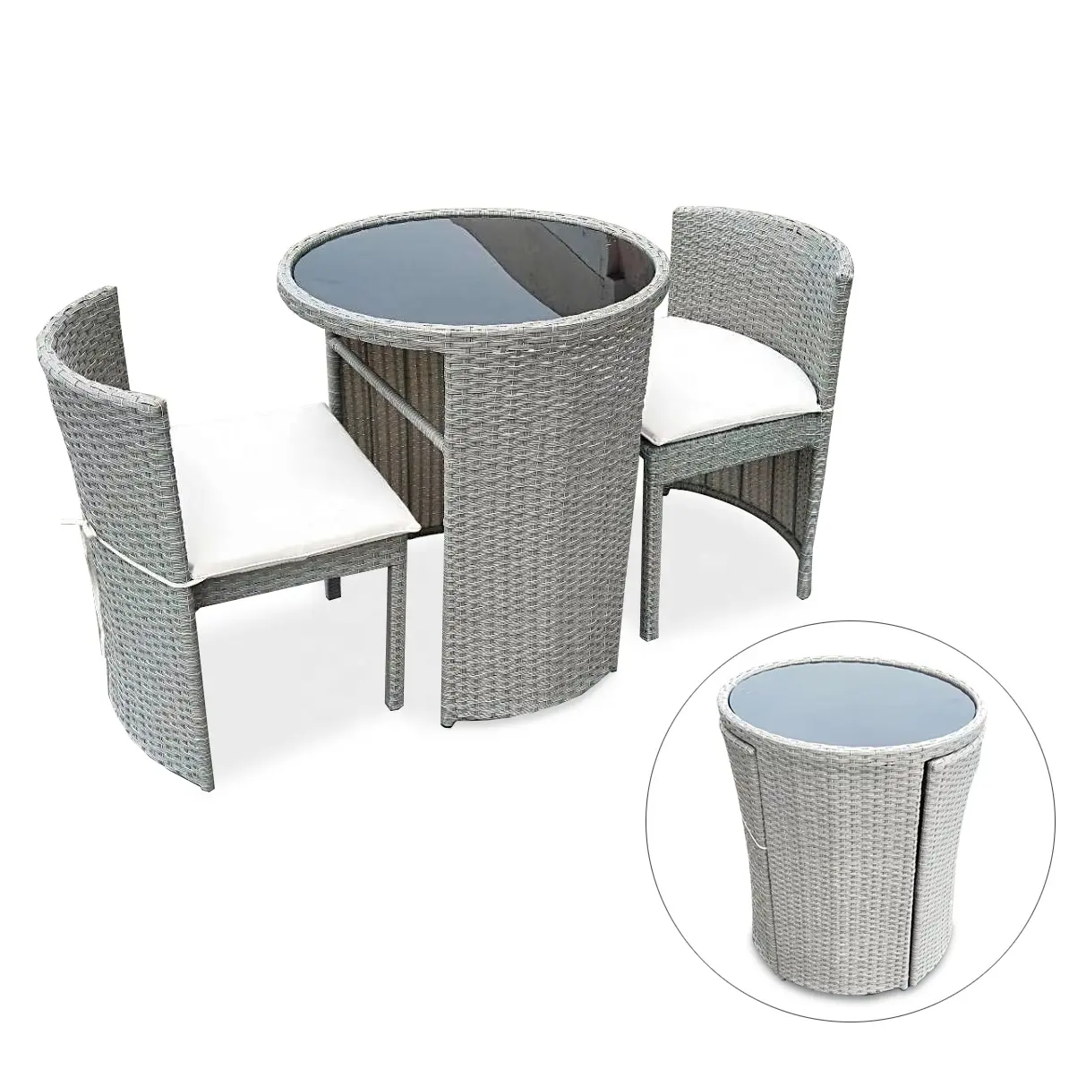 Conjunto de mesa bistro redondo, pequeno, cinza compacto, poly rattan, ratan, para áreas externas, pátio, varanda, jardim, móveis
