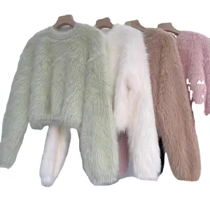 Custom women mink wool sweater fluffy Fancy Yarn Knitted Brushed Jumpers Long Fibers Pullover