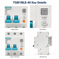 Disjoncteur différentiel (RCBO) TENGEN TGB1NLE-40 C32A C40A 3P 4P Courbe 30mA 380V 400V, certifié CE CB UL, 6kA, rail DIN