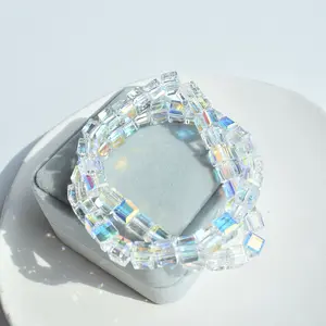 Hot Selling Simple Versatile Crystal Aurora Square Sugar Elastic Rope Bracelet Light and Sweet Hand String Handmade Jewelry