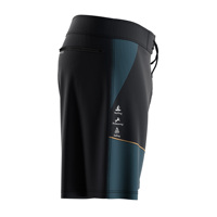 Shorts de surf pour homme, extensibles dans 4 directions, taille ajustable avec cordon de serrage, blocs de couleur noir et vert sarcelle, ourlet et poches zippées