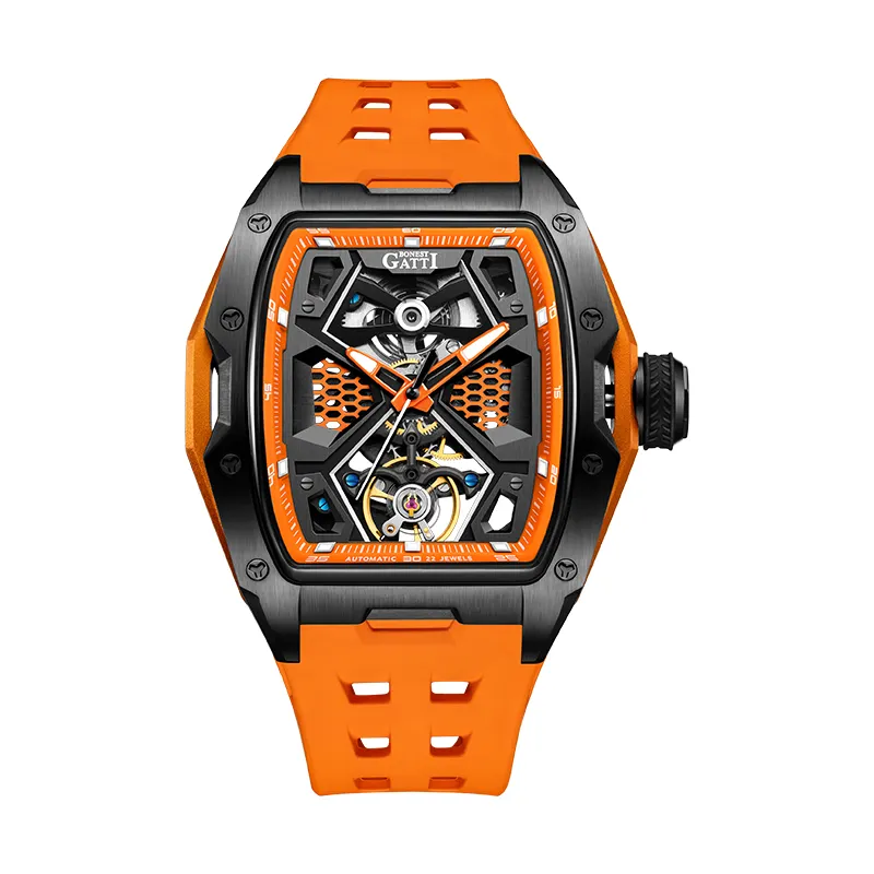 Mens Sport Watches Skeleton Real Tourbillon Movement Watch Luminous Orange Stainless Steel Automatic Watch