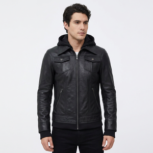 Chaqueta de Motociclista de Cuero Vacuno Genuino para Hombre, con Capucha Desmontable, Cierre de Cremallera, Color Negro Sólido, Estilo Otoñal, Corte Regular - Product Image 6