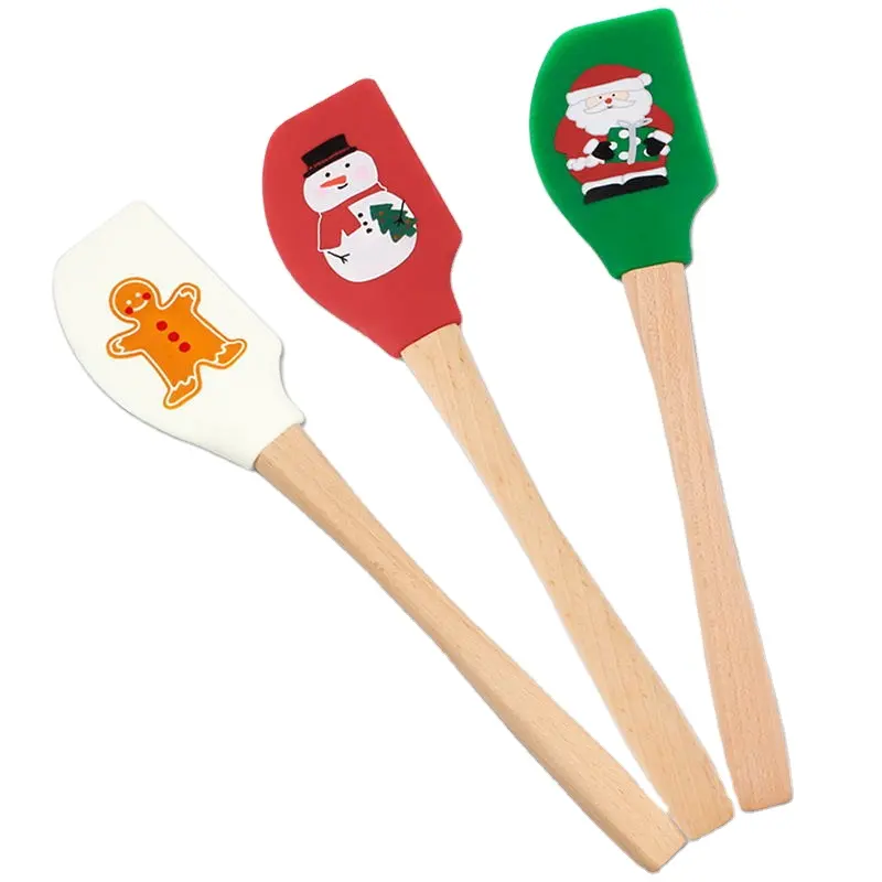 Noel koleksiyonu yeni desen baskı isıya dayanıklı yapışmaz kek pişirme araçları için silikon spatula seti ahşap saplı