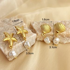 Fashion Premium 18K Gold Plated Stainless Steel Jewelry Custom Women Elegant Shell and Starfish Irregularity <b>Pearl</b> <b>Drop</b> <b>Earrings</b> - Product Image 5