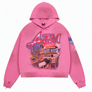 Sudadera con capucha rosa Y2K de moda con pedrería y efecto desgastado para hombre, estilo vintage con estampado gráfico, de gran tamaño, estilo urbano. - Product Image 1