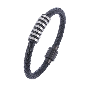 Pulsera trenzada de cuero auténtico de 6MM de ancho, pulseras de cuero liso de acero inoxidable para hombre con cierre magnético - Product Image 3
