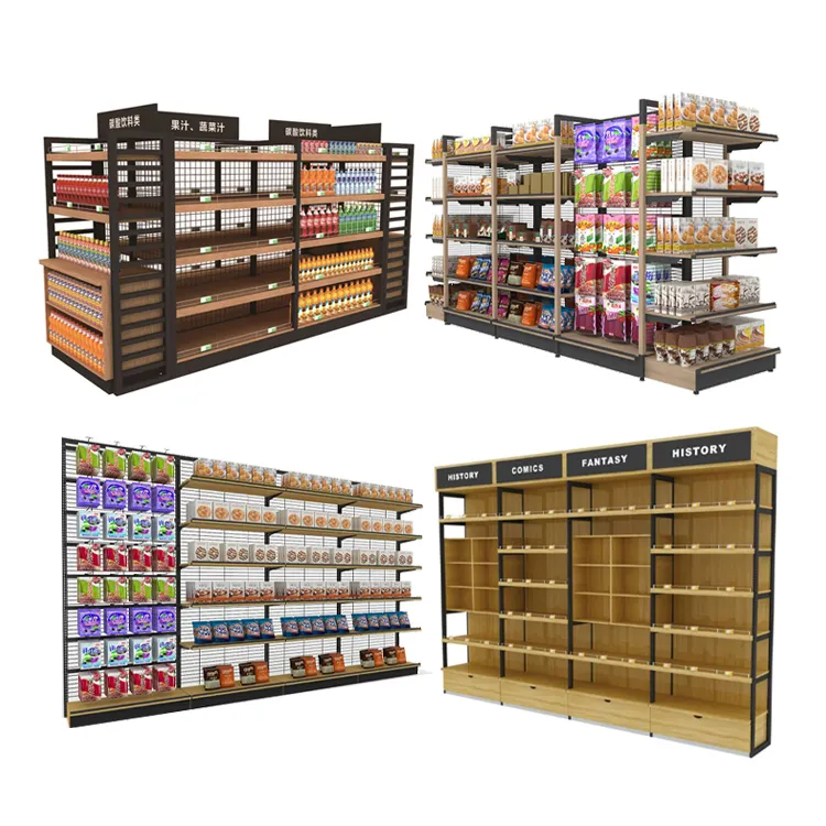 Factory wholesale wood and steel combined store shelf display rack gondola supermarket shelves