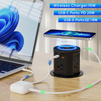 Centro de alimentación automático emergente 8 en 1 para escritorio, con base inalámbrica de 15W, 4 tomas de corriente de EE. UU., puertos USB-A y USB-C con PD de 20W, y diseño de 86mm para mesa de oficina