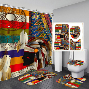 Ensemble de rideaux de douche bohème 4 pièces ethniques <span class=keywords><strong>attrape</strong></span>-rêves plumes tapis de salle de bain avec 12 crochets - Product Image 3
