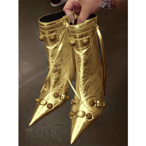 Botas De Cuero Mujer Estilo vaquero occidental Remache Tachonado Tobillo lateral Tacón alto Botas doradas y plateadas para damas - Product Image 2