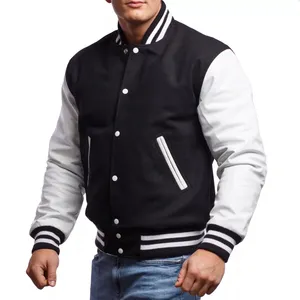High Quality High School Black Wool Body & Bright White Leather Sleeves Letterman Jacket