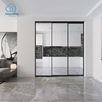 Portes pliantes ultra-minces en aluminium noir à grille horizontale à 4 panneaux, verre transparent moderne, pour la séparation intérieure de la salle à manger et de la cuisine