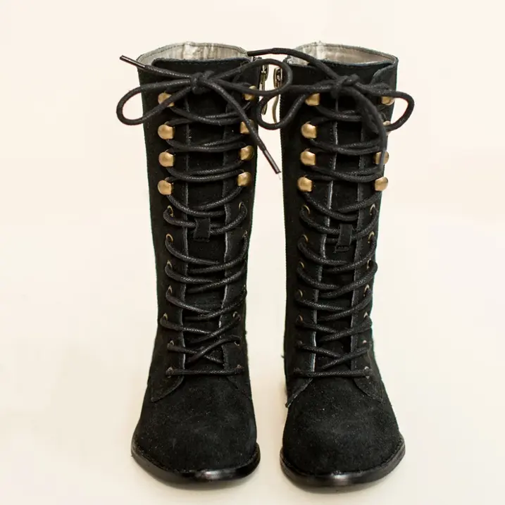 New Toddler Kids Fall Winter Lace-Up Leather Boots Genuine Suede Girls Knee Boots In Black