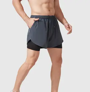 Custom Ademende Mesh Shorts Polyester Sport Heren Shorts Met Achterzakken 2 In 1 Hardloopgymshorts Voor Heren